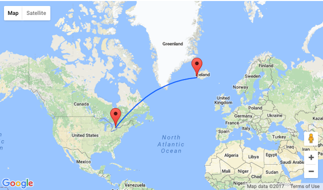 We fly from Iceland to Toronto